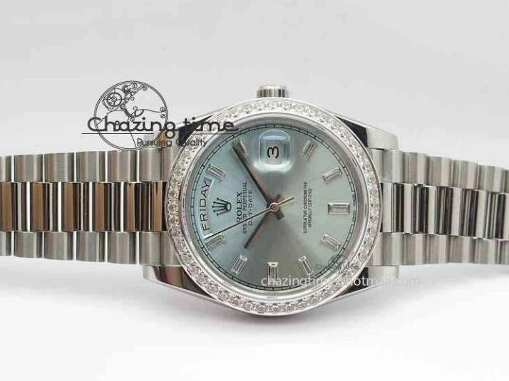 MiroTime 1218 Stylish Day Date 40mm SS BP Maker Best Edition Diamond Bezel Ice Blue Dial On SS Bracelet ETA 3699